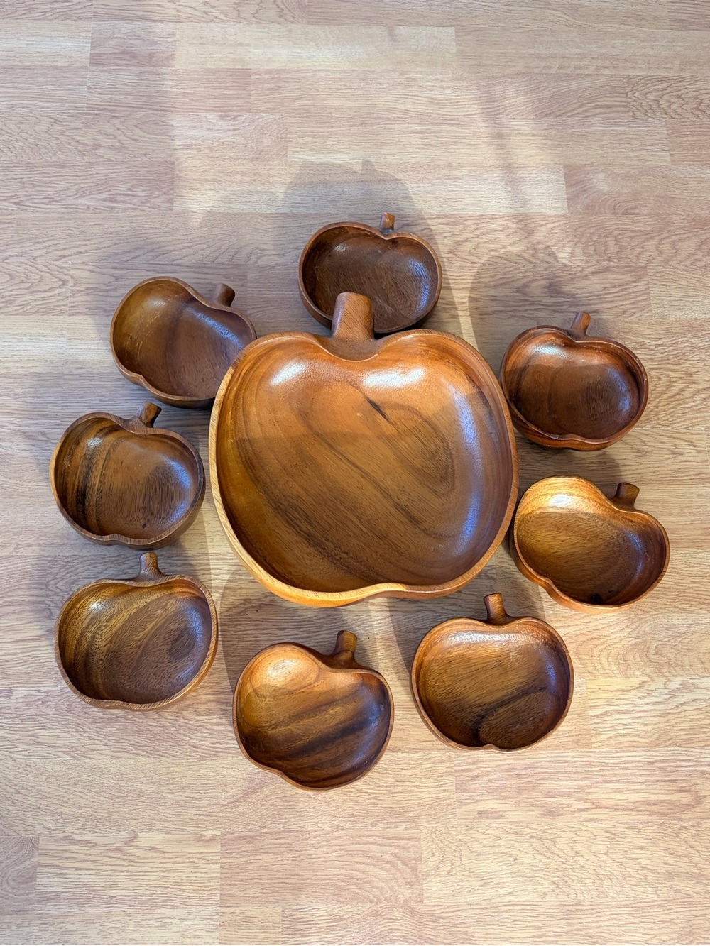 9 pc Genuine Monkey Pod Salad Bowl Serving Set  Apple Acadia Wood 1960's